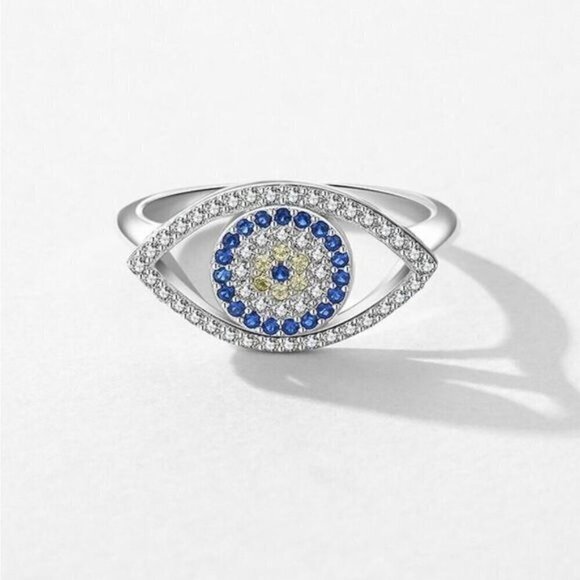 S925 Sterling Silver Transparent Square Cubic Zirconia Ring With Blue Zirconia - Picture 2 of 5